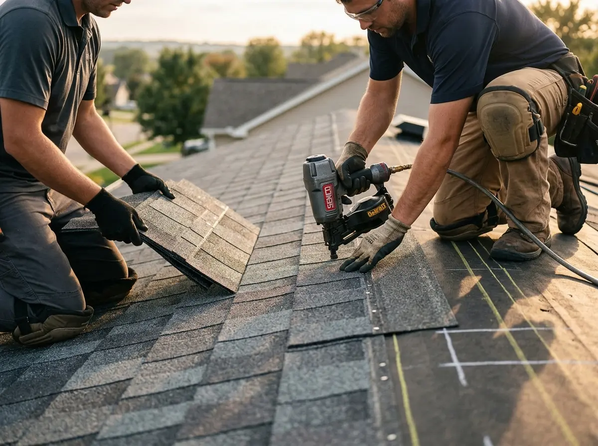 Professional roofer working on a residential roof in Almont